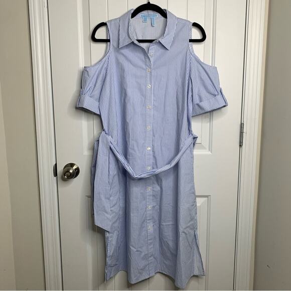 Draper James cold shoulder‎ blue striped midi shirt dress size 10 - Picture 2 of 9
